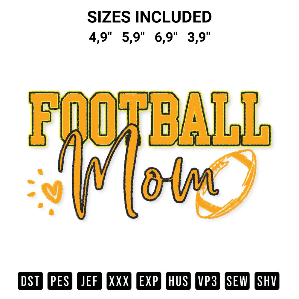 Shop the Football Mom Womens Black Gold Football Mother Football Mama Logo Embroidery Design machine embroidery pattern at Designspacks.com. Beautifully digitized for flawless stitching on any fabric. Available sizes: 4,9", 5,9", 6,9", 3,9".