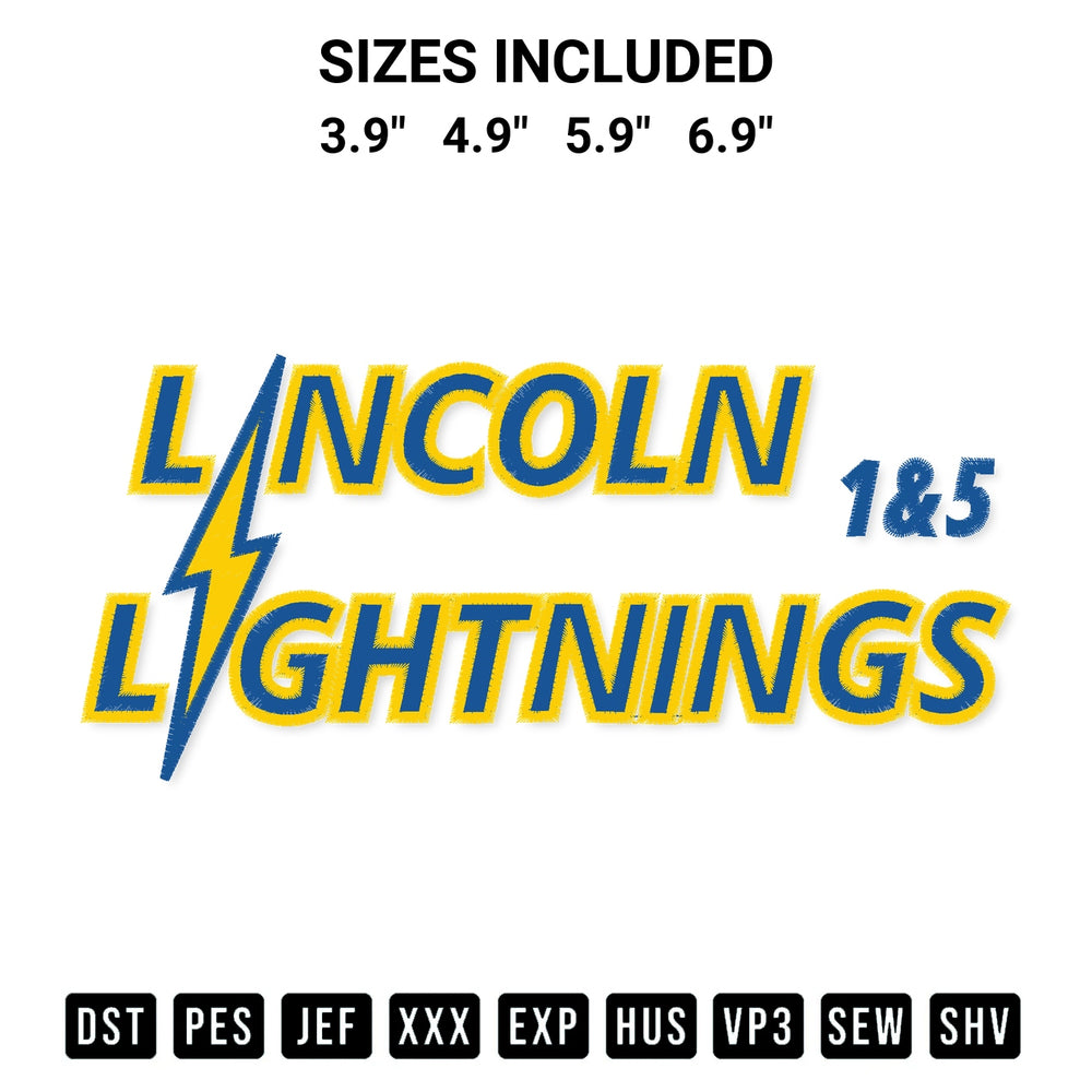Discover the perfect addition to your crafting collection: Lincoln Lightnings Embroidery Design embroidery file. Instantly available at Designspacks.com. Available sizes: 3.9", 4.9", 5.9", 6.9".