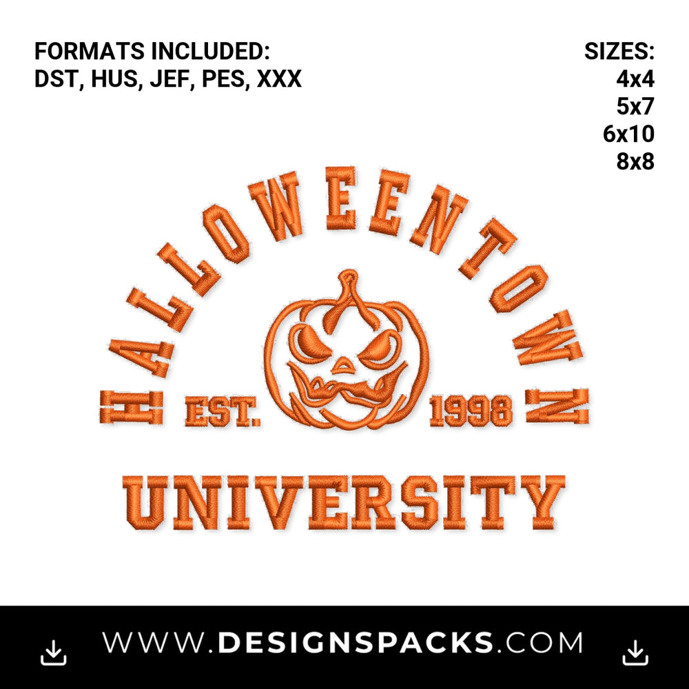 Halloweentown University Est 1998 Pumpkin Embroidery Design - Instant digital download pattern at Designspacks.com