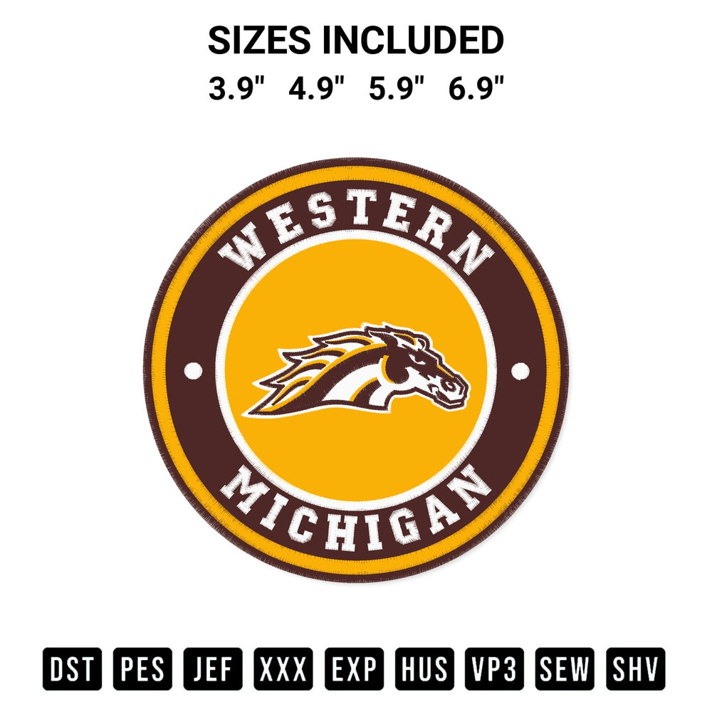 Shop the Western Michigan Broncos Circle Logo Embroidery Design machine embroidery pattern at Designspacks.com. Beautifully digitized for flawless stitching on any fabric. Available sizes: 3.9", 4.9", 5.9", 6.9".