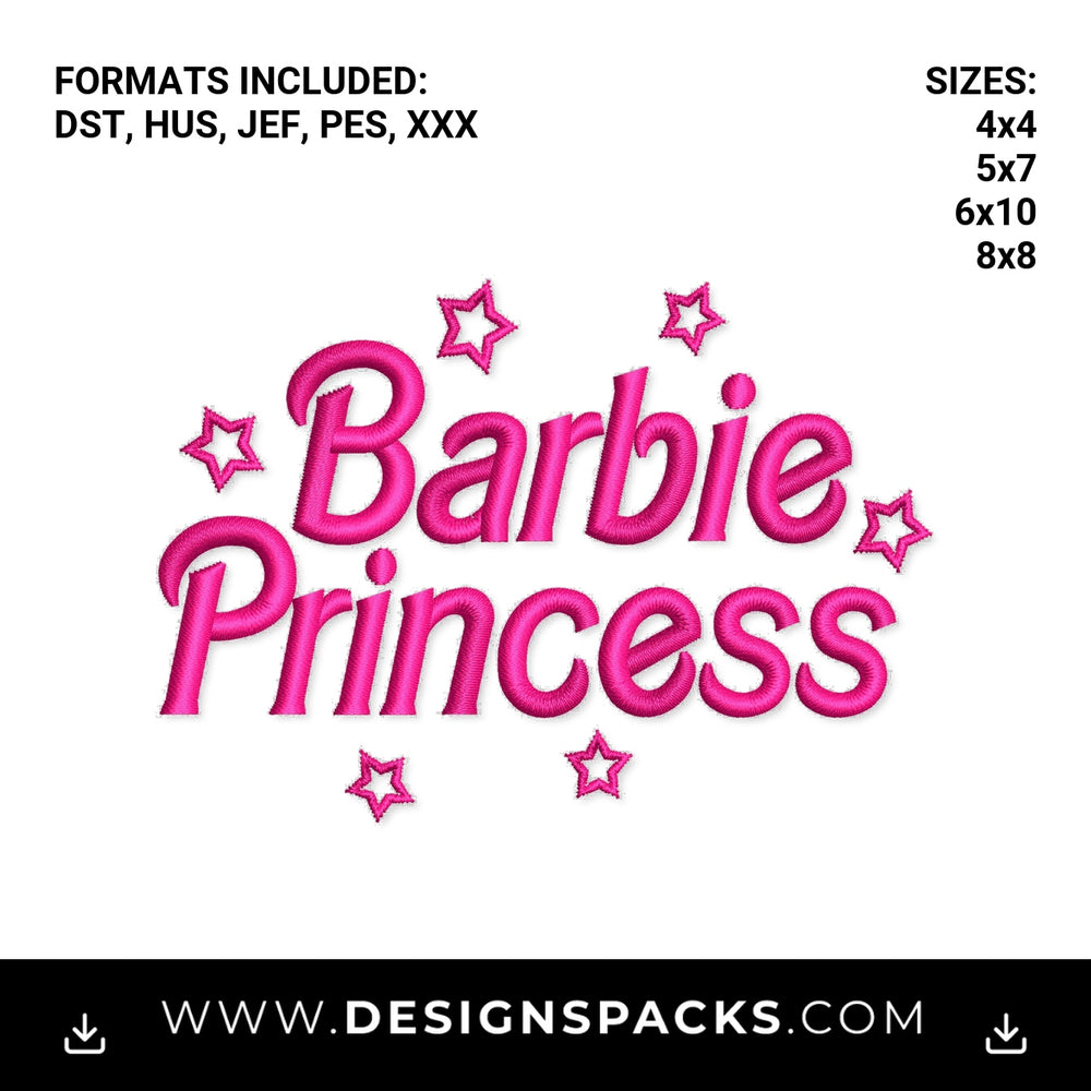 Pink Barbie Princess Script with Stars Embroidery Design - Instant digital download pattern at Designspacks.com
