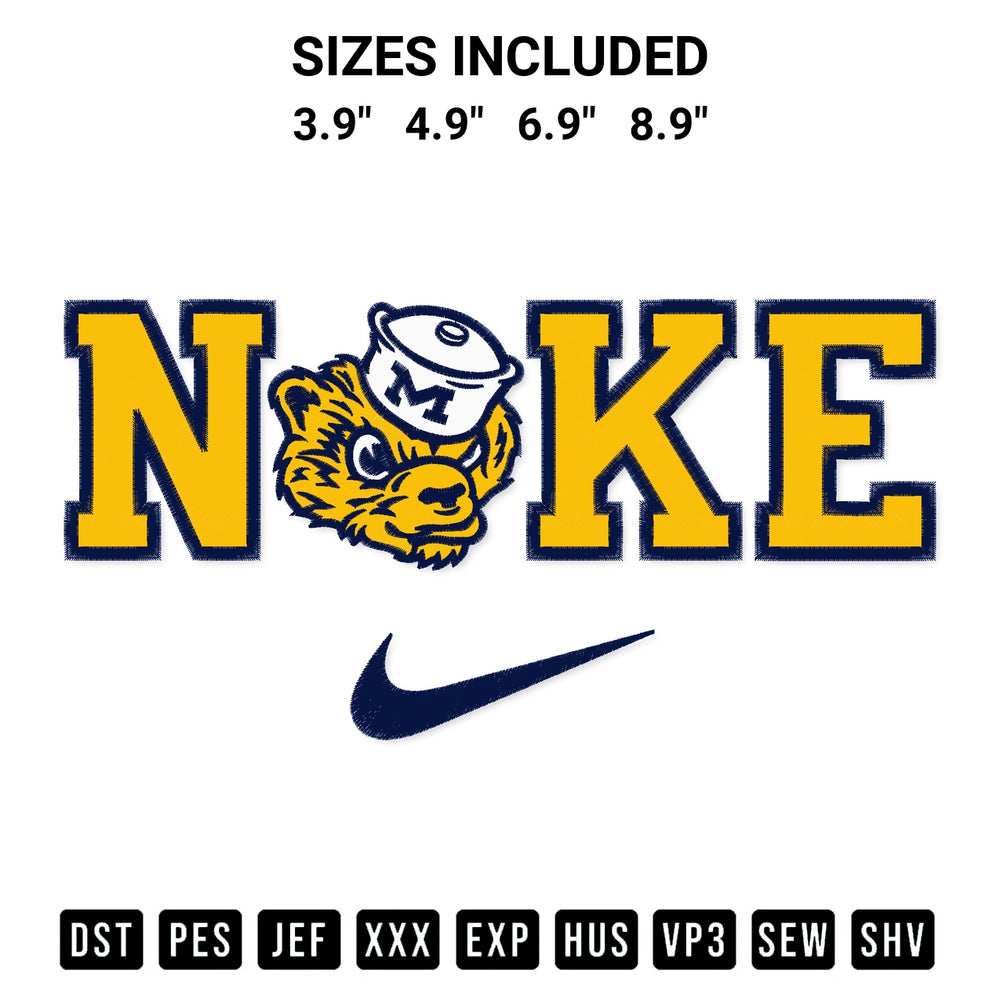 Stitch like a pro with the Nike Michigan Wolverines Embroidery Design embroidery pattern from Designspacks.com. High-quality digital machine embroidery file. Available sizes: 3.9", 4.9", 6.9", 8.9".