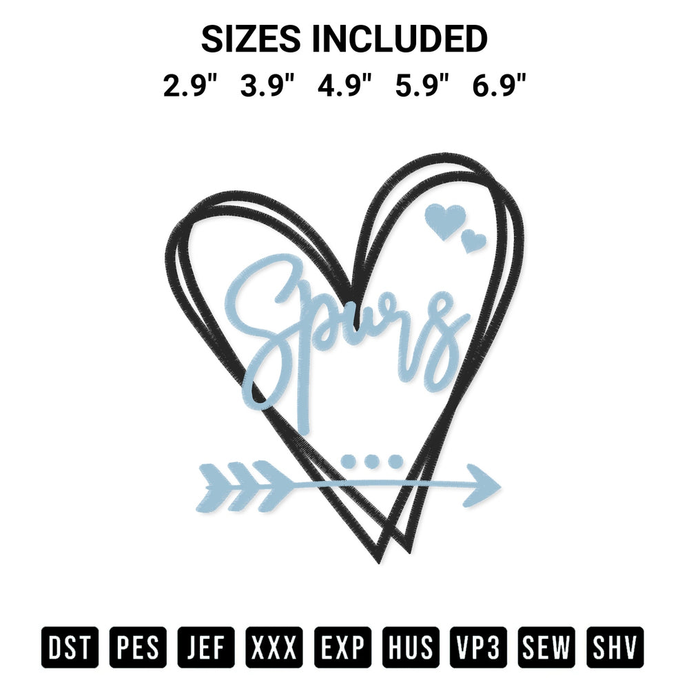Get the San Antonio Spurs Heart Embroidery Design embroidery design for your custom crafts! Premium digitized files available for instant download at Designspacks.com. Available sizes: 2.9", 3.9", 4.9", 5.9", 6.9".