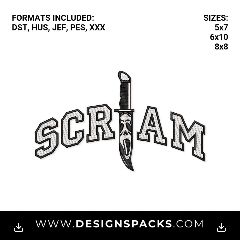 Scream Ghostface Knife Varsity Letters Embroidery Design - Instant digital download pattern at Designspacks.com