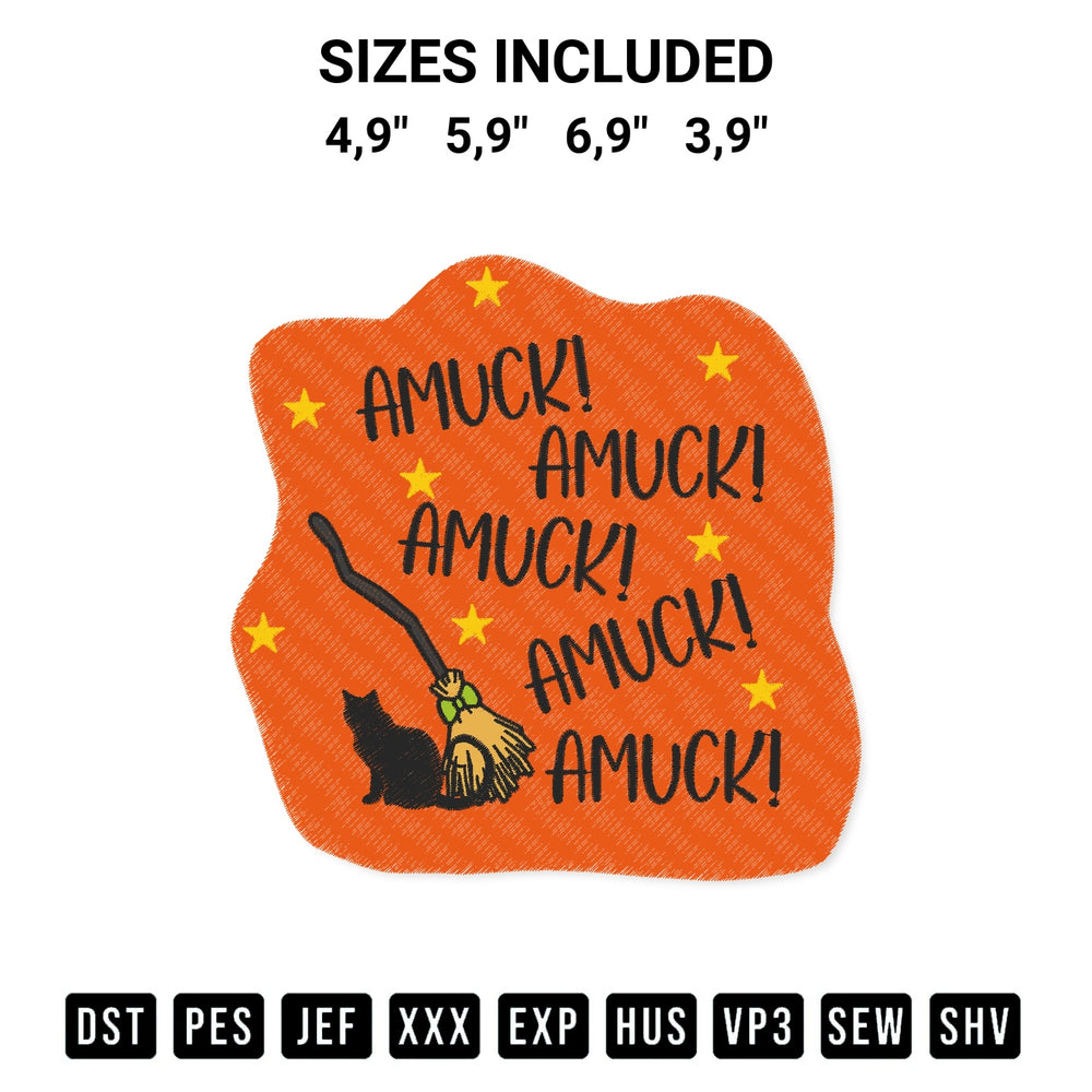 Download the Amuck Amuck Amuck Halloween Quote Disney Hocus Pocus Phrase Logo Embroidery Design machine embroidery design exclusively at Designspacks.com. Premium digitized pattern for apparel and DIY crafts. Available sizes: 4,9", 5,9", 6,9", 3,9".
