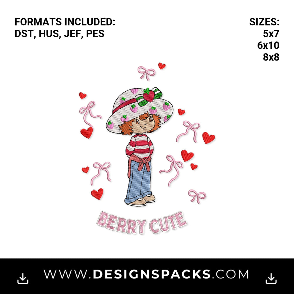 Berry Cute Vintage Strawberry Girl Embroidery Design - Instant digital download pattern at Designspacks.com