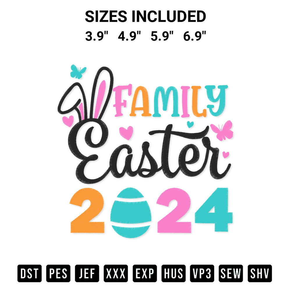 Create amazing crafts with the Family Easter 2024 Embroidery Design embroidery file. High-quality digital download from Designspacks.com, perfect for beginners and pros. Available sizes: 3.9", 4.9", 5.9", 6.9".