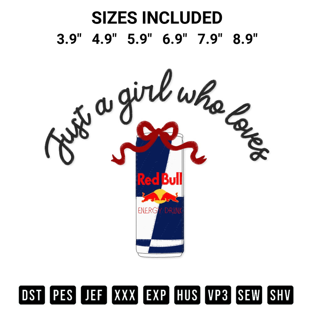 Add a unique touch to your apparel with the Just A Girl Who Loves Red Bull Embroidery Design embroidery file. Premium instant download available now on Designspacks.com. Available sizes: 3.9", 4.9", 5.9", 6.9", 7.9", 8.9".