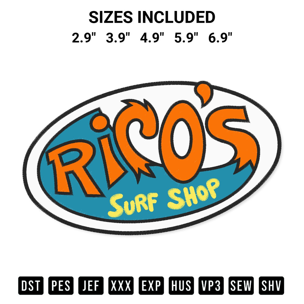 Add a unique touch to your apparel with the Ricos Surf Shop Logo Embroidery Design embroidery file. Premium instant download available now on Designspacks.com. Available sizes: 2.9", 3.9", 4.9", 5.9", 6.9".