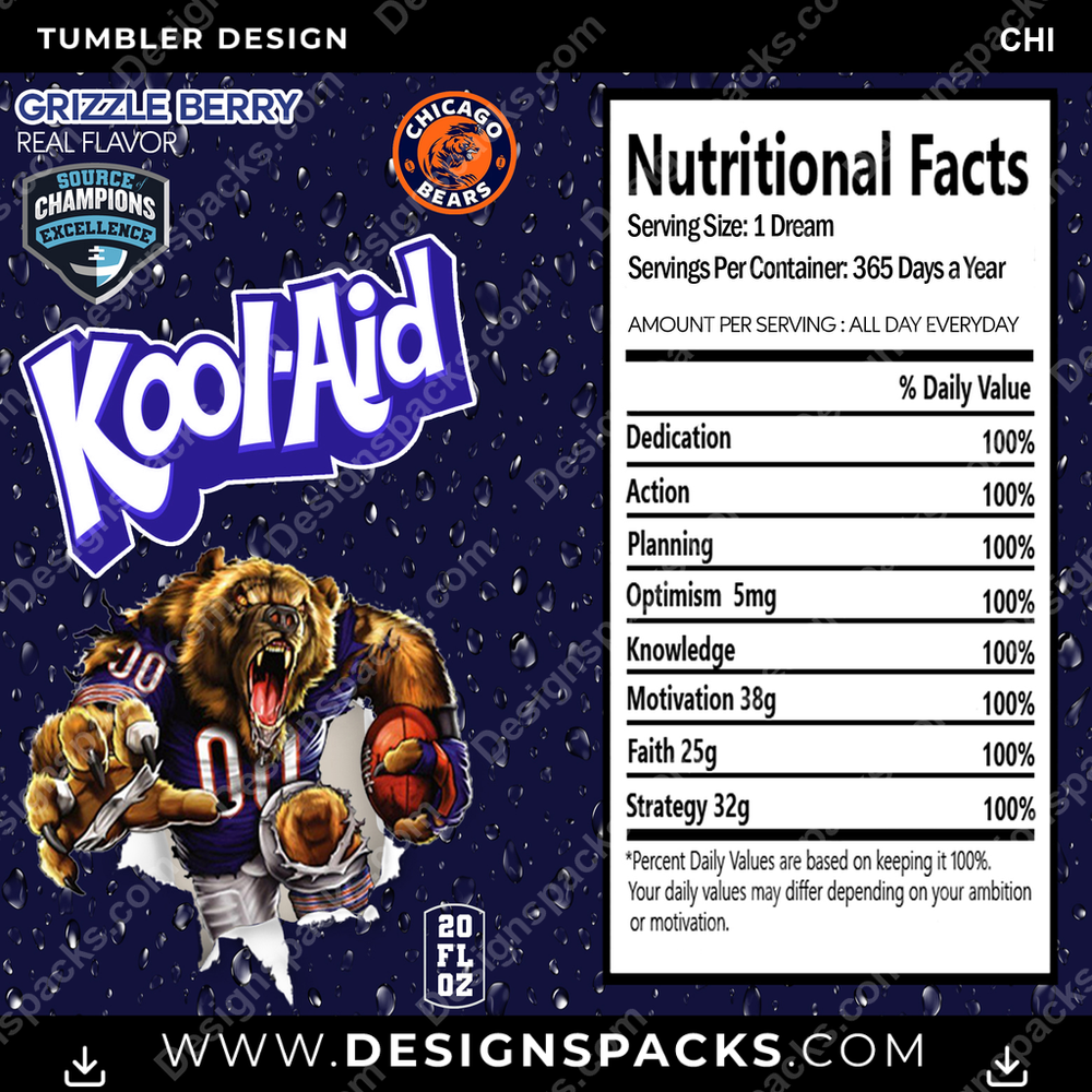 Football Kool-Aid CHI Tumbler Digital Wrap Design