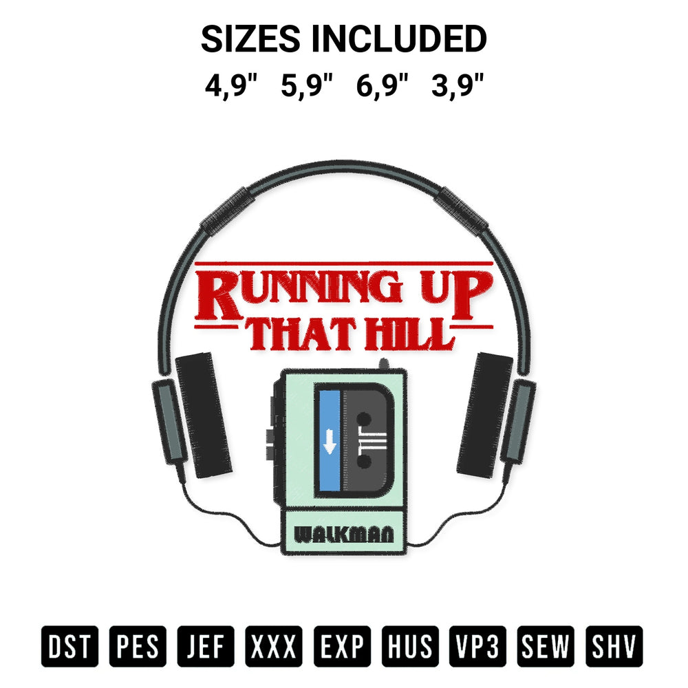 Stitch like a pro with the Running Up That Hill Walkman Kate Bush Stranger Things 4 Logo Embroidery Design embroidery pattern from Designspacks.com. High-quality digital machine embroidery file. Available sizes: 4,9", 5,9", 6,9", 3,9".