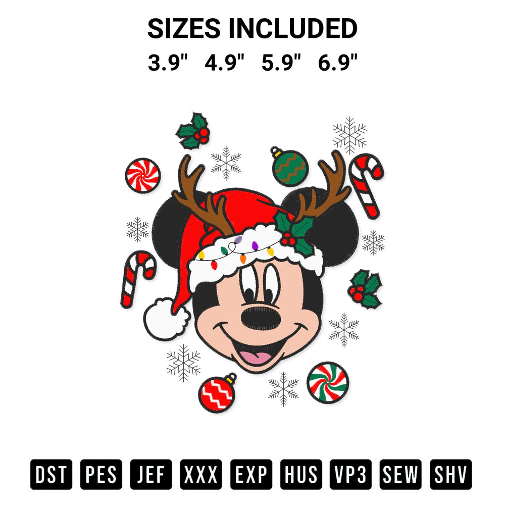 Shop the Mickey Face Reindeer Christmas Embroidery Design machine embroidery pattern at Designspacks.com. Beautifully digitized for flawless stitching on any fabric. Available sizes: 3.9", 4.9", 5.9", 6.9".