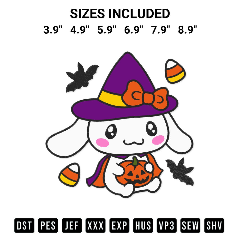 Download the Cinnamoroll Halloween Embroidery Design machine embroidery design exclusively at Designspacks.com. Premium digitized pattern for apparel and DIY crafts. Available sizes: 3.9", 4.9", 5.9", 6.9", 7.9", 8.9".