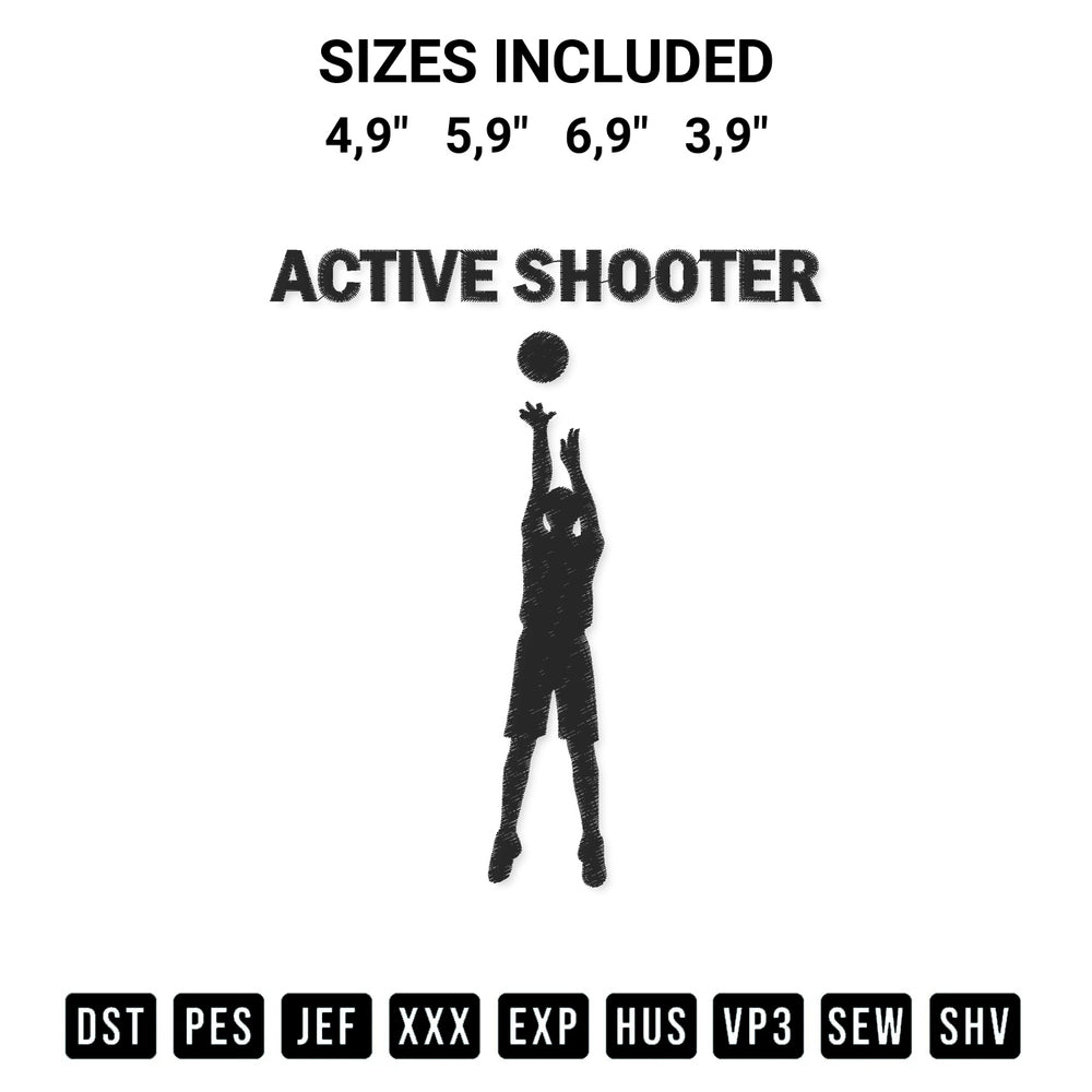 Discover the perfect addition to your crafting collection: Active Shooter Basketball Lovers Active Shooter Embroidery Design embroidery file. Instantly available at Designspacks.com. Available sizes: 4,9", 5,9", 6,9", 3,9".