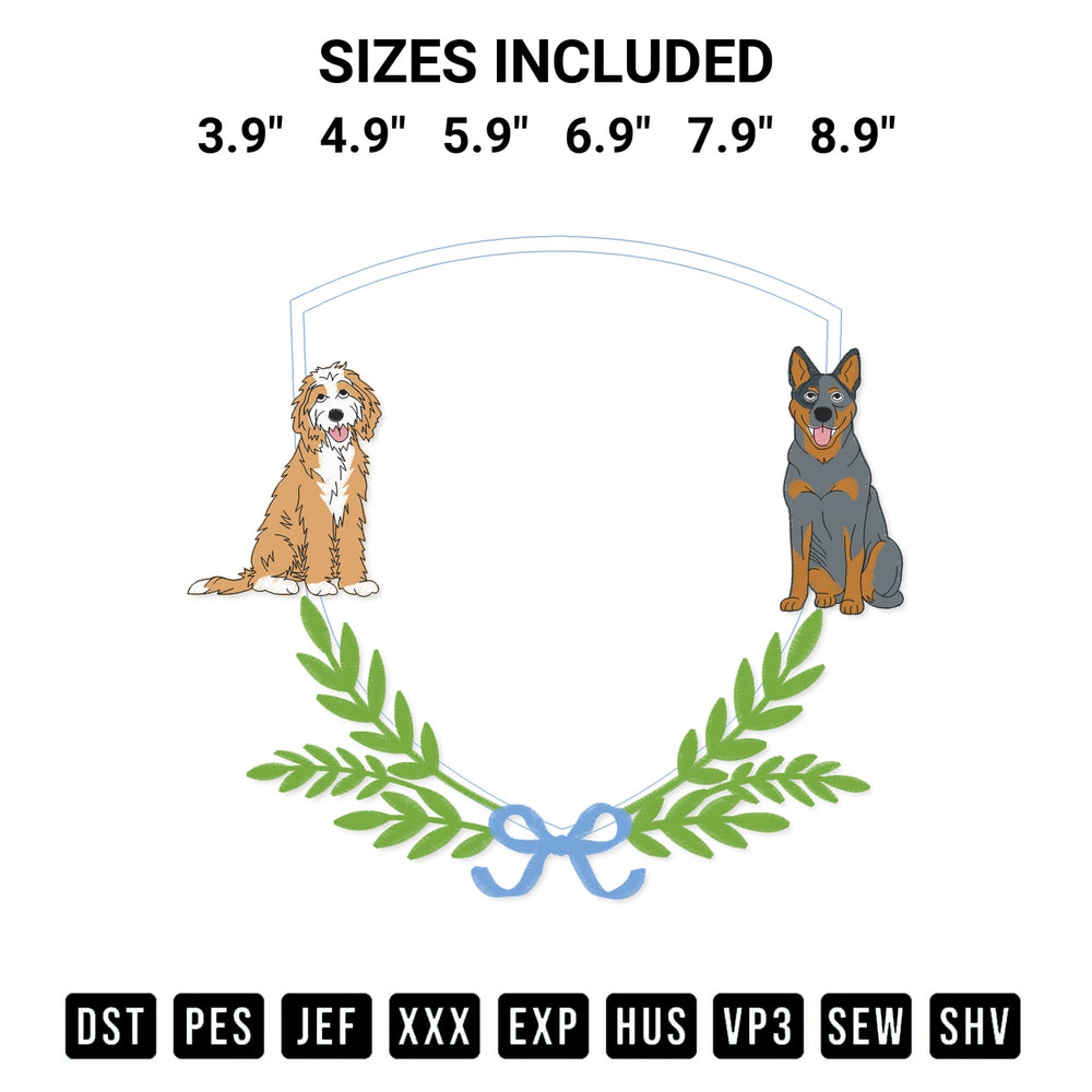 Elevate your next project with our Goldendoodle And Heeler Banner Frame Embroidery Design embroidery file. Shop high-quality digital patterns instantly at Designspacks.com. Available sizes: 3.9", 4.9", 5.9", 6.9", 7.9", 8.9".