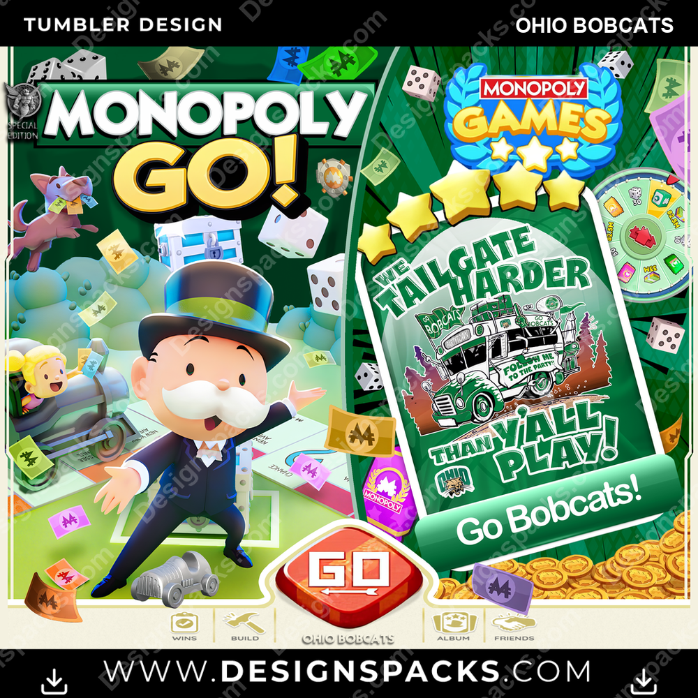 College Sport Monopoly Go! Ohio Bobcats NCAA College Sport Tumbler Digital Wrap Design Download
