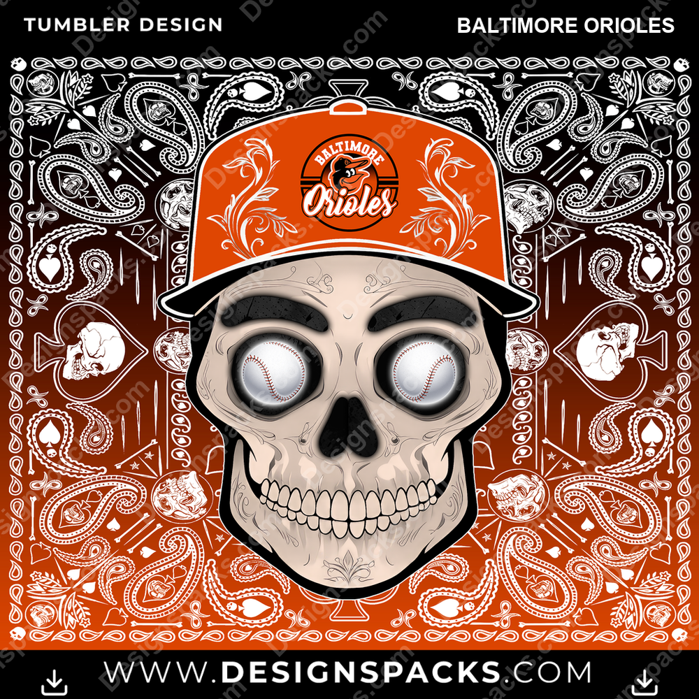 Baseball Skull Handkerchief Baltimore Orioles Tumbler Digital Wrap Design