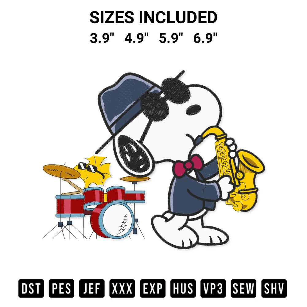Transform your fabrics with the Snoopy And Woodstock Jazz Band Vibes Embroidery Design embroidery design. Instant access to premium digitized patterns at Designspacks.com. Available sizes: 3.9", 4.9", 5.9", 6.9".