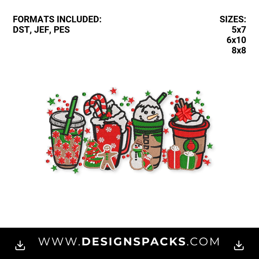 Christmas Coffee Cups & Treats Embroidery Design - Instant digital download pattern at Designspacks.com