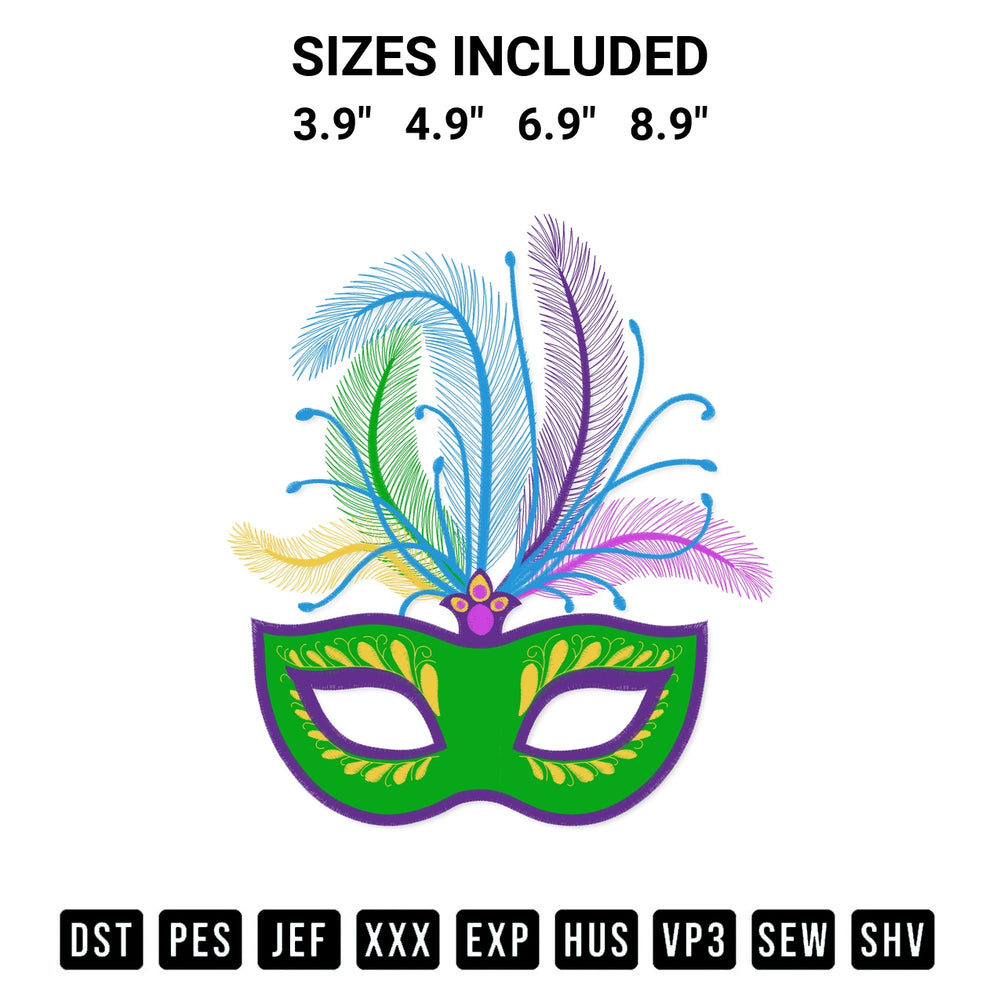 Add a unique touch to your apparel with the Mask Colorful Feathers Mardi Gras Embroidery Design embroidery file. Premium instant download available now on Designspacks.com. Available sizes: 3.9", 4.9", 6.9", 8.9".