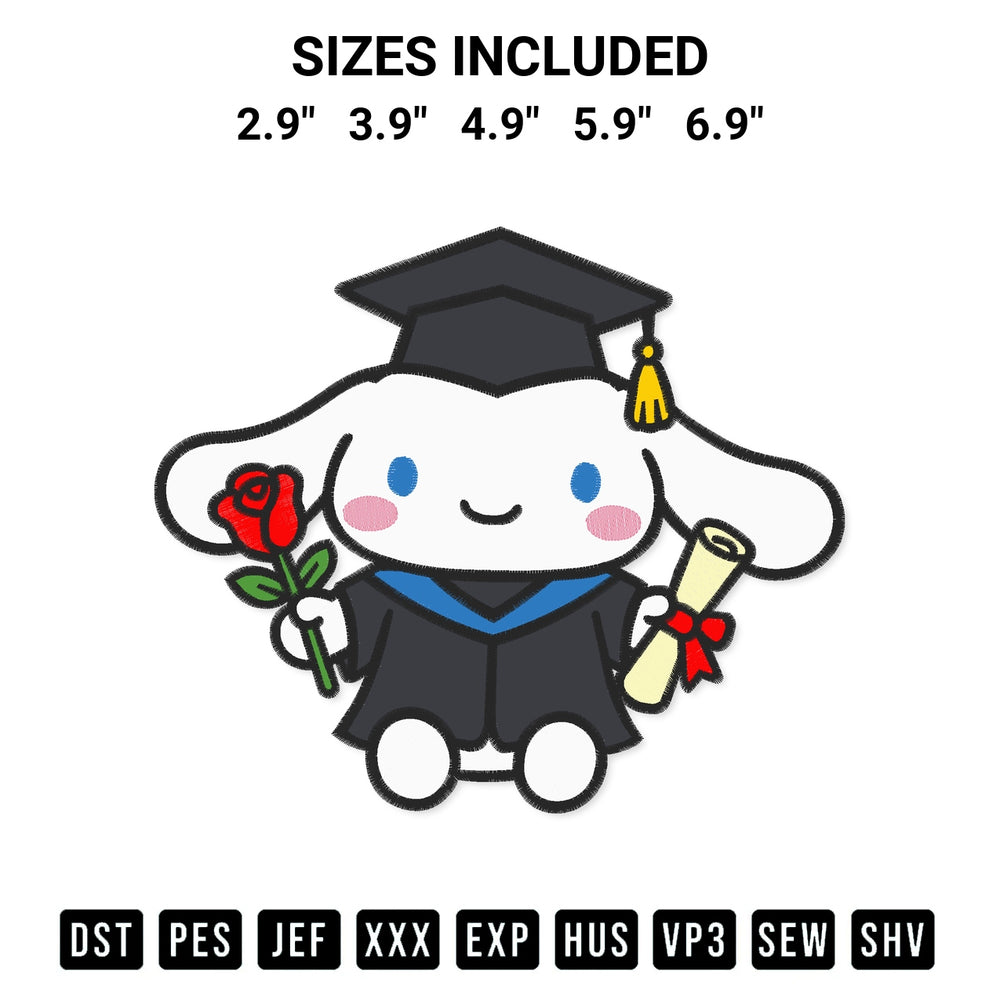 Stitch like a pro with the Graduation Cinnamoroll Embroidery Design embroidery pattern from Designspacks.com. High-quality digital machine embroidery file. Available sizes: 2.9", 3.9", 4.9", 5.9", 6.9".
