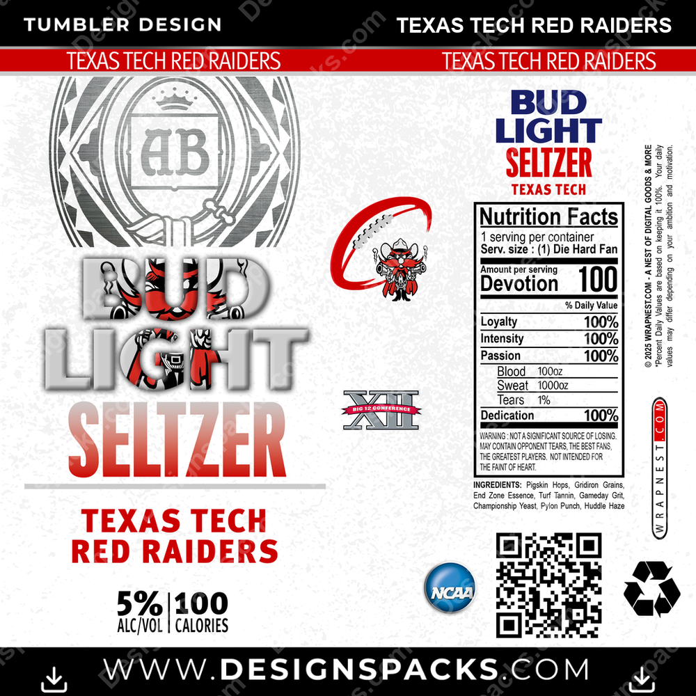 College Sport Bud Light Seltzer Texas Tech Red Raiders NCAA College Sport Tumbler Digital Wrap Design Download
