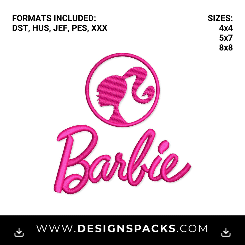 Pink Barbie Logo and Silhouette Embroidery Design - Instant digital download pattern at Designspacks.com