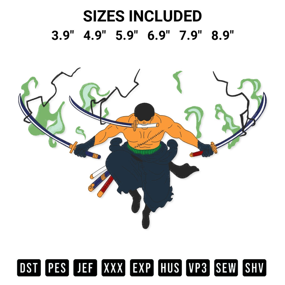 Create amazing crafts with the Zoro King Of Hell Embroidery Design embroidery file. High-quality digital download from Designspacks.com, perfect for beginners and pros. Available sizes: 3.9", 4.9", 5.9", 6.9", 7.9", 8.9".