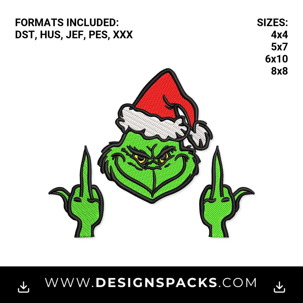 Funny Grinch Middle Finger Santa Hat Embroidery Design - Instant digital download pattern at Designspacks.com