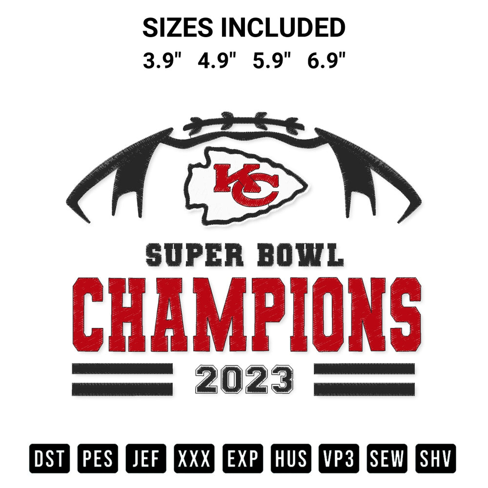 Elevate your next project with our Kansas City Chiefs Champions 2023 Embroidery Design embroidery file. Shop high-quality digital patterns instantly at Designspacks.com. Available sizes: 3.9", 4.9", 5.9", 6.9".