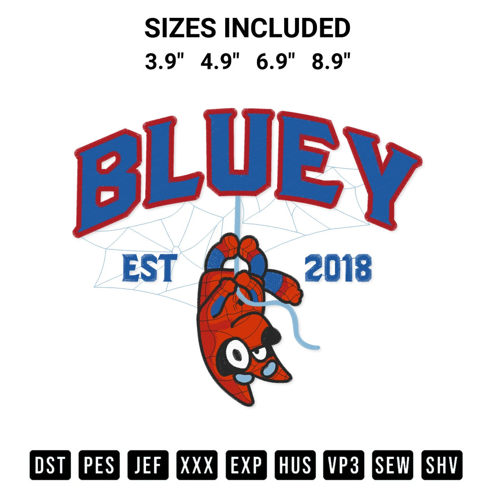 Transform your fabrics with the Bluey Spider Man Embroidery Design embroidery design. Instant access to premium digitized patterns at Designspacks.com. Available sizes: 3.9", 4.9", 6.9", 8.9".