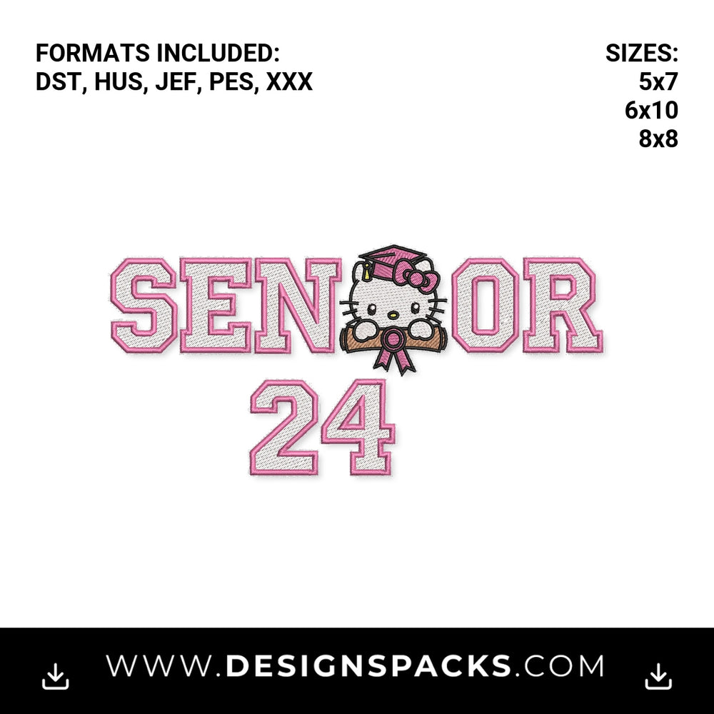 Pink Kitty Senior 2024 Graduation Embroidery Design - Instant digital download pattern at Designspacks.com