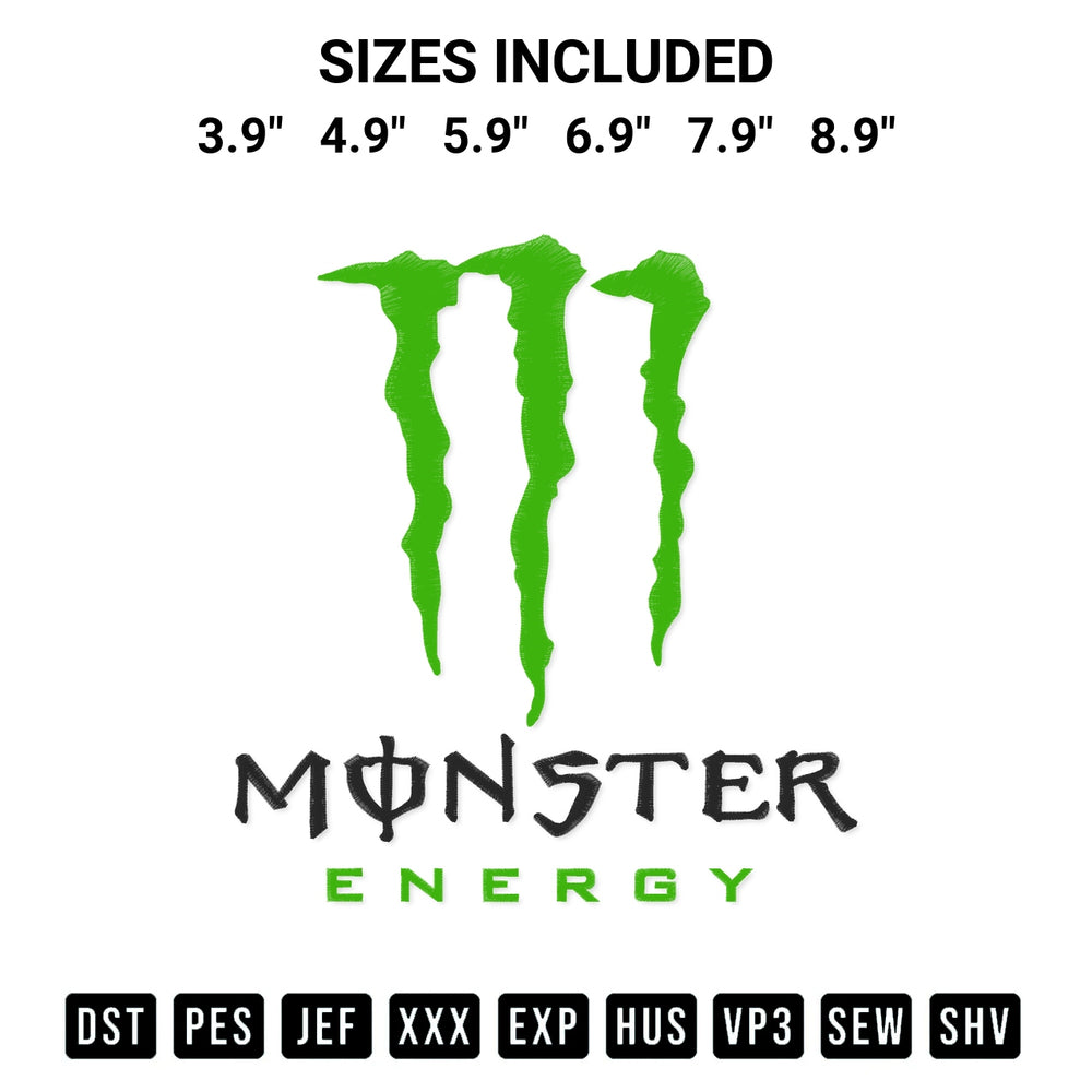 Get the Monster Energy Embroidery Design embroidery design for your custom crafts! Premium digitized files available for instant download at Designspacks.com. Available sizes: 3.9", 4.9", 5.9", 6.9", 7.9", 8.9".