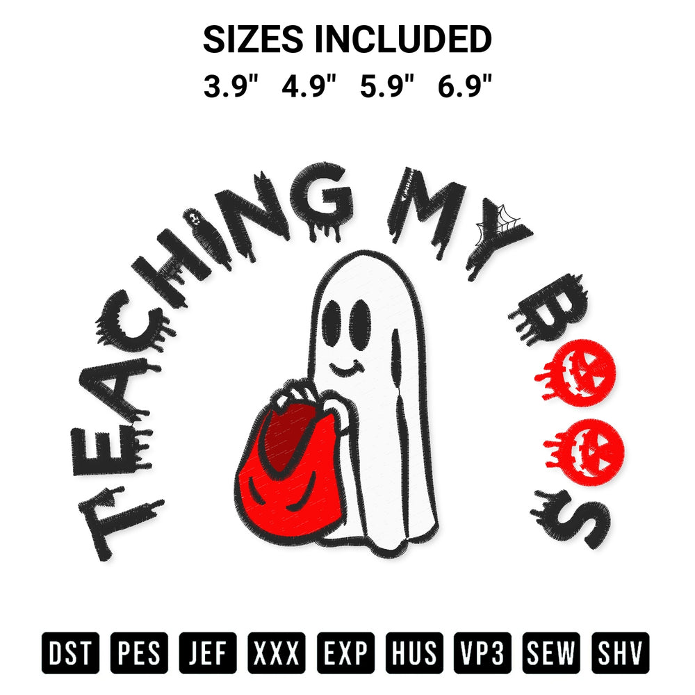 Discover the perfect addition to your crafting collection: Teaching My Boos Halloween Embroidery Design embroidery file. Instantly available at Designspacks.com. Available sizes: 3.9", 4.9", 5.9", 6.9".