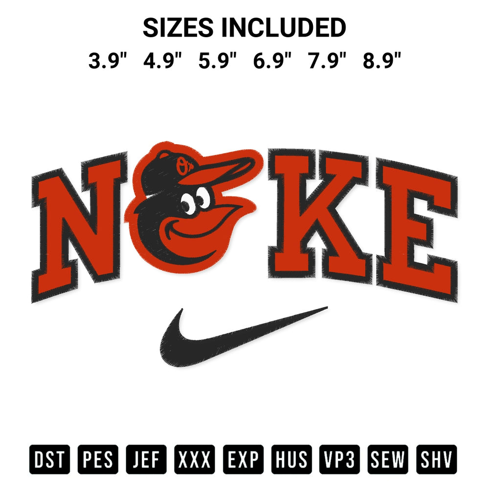 Stitch like a pro with the Baltimore Orioles X Nike Embroidery Design embroidery pattern from Designspacks.com. High-quality digital machine embroidery file. Available sizes: 3.9", 4.9", 5.9", 6.9", 7.9", 8.9".