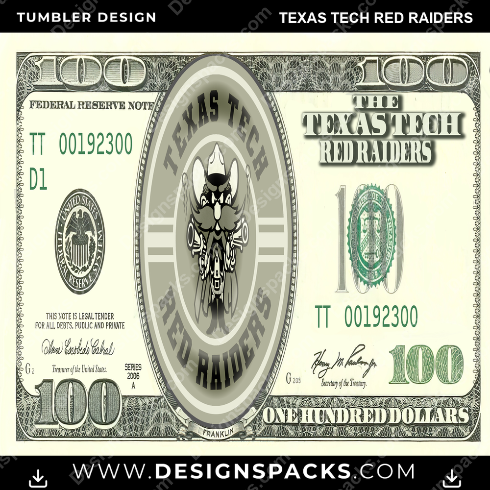 College Sport 100 Dollar Bill Texas Tech Red Raiders NCAA College Sport Tumbler Digital Wrap Design Download