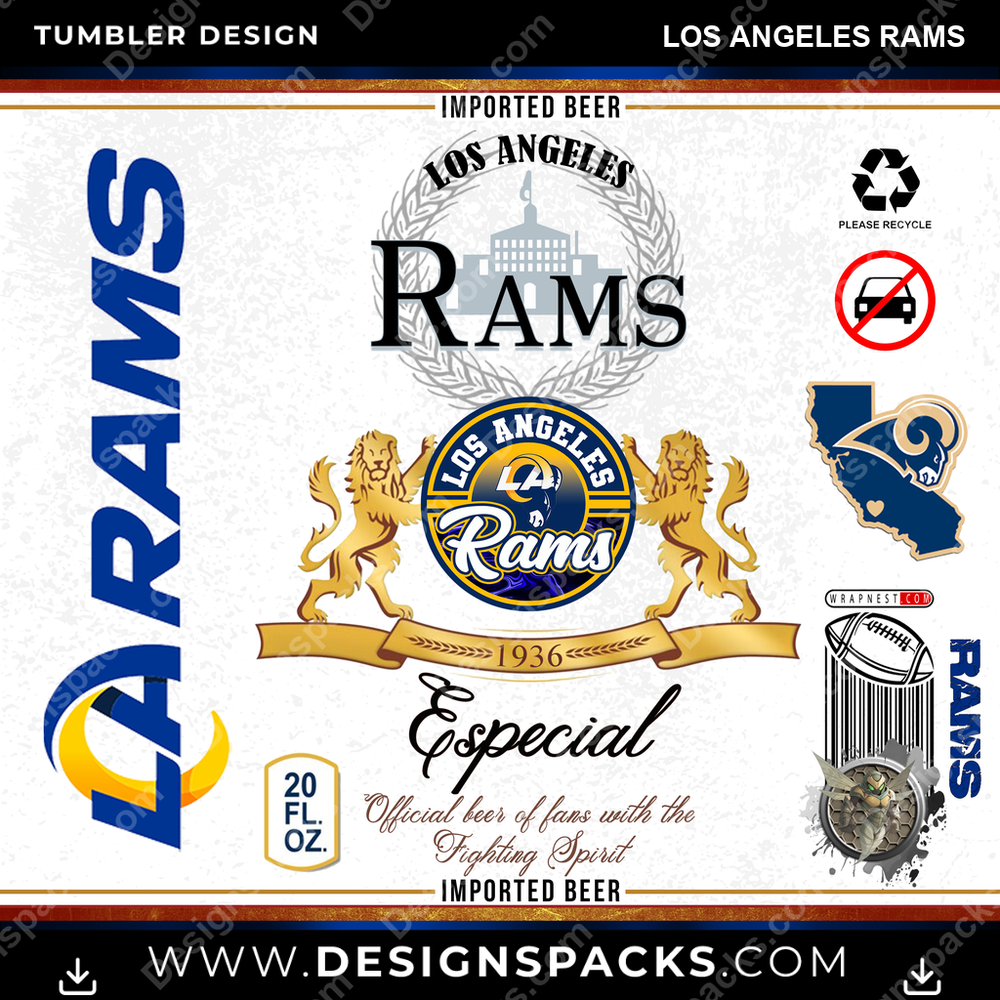 Diseño Digital de Envoltura para Vaso Termo de Fútbol Modelo Los Angeles Rams