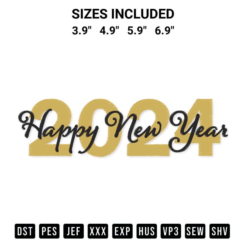 Stitch like a pro with the Happy New Year 2024 Gold Glitter And Black Embroidery Design embroidery pattern from Designspacks.com. High-quality digital machine embroidery file. Available sizes: 3.9", 4.9", 5.9", 6.9".
