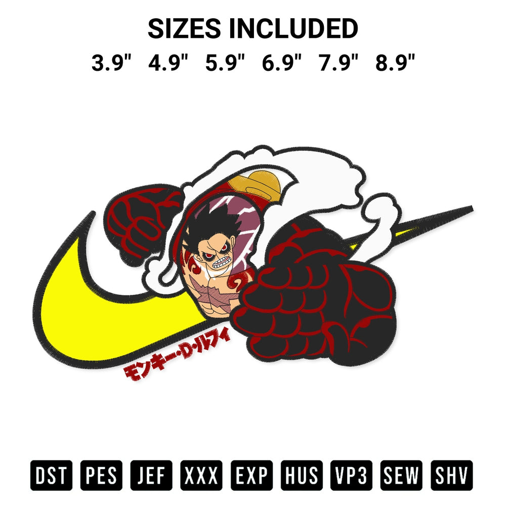 Looking for the perfect pattern? Download the Swoosh Luffy Gear 4 Embroidery Design embroidery design today at Designspacks.com. Crisp, clean stitching guaranteed. Available sizes: 3.9", 4.9", 5.9", 6.9", 7.9", 8.9".