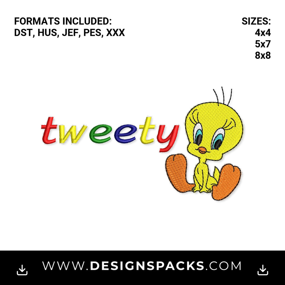 Sitting Tweety Bird with Colorful Text Embroidery Design - Instant digital download pattern at Designspacks.com