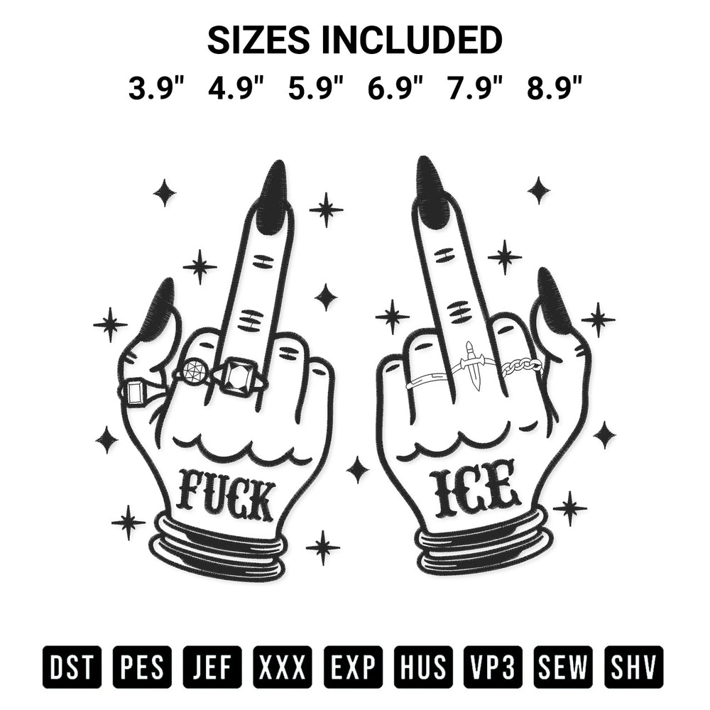 Transform your fabrics with the Fuck Ice Middle Finger Embroidery Design embroidery design. Instant access to premium digitized patterns at Designspacks.com. Available sizes: 3.9", 4.9", 5.9", 6.9", 7.9", 8.9".