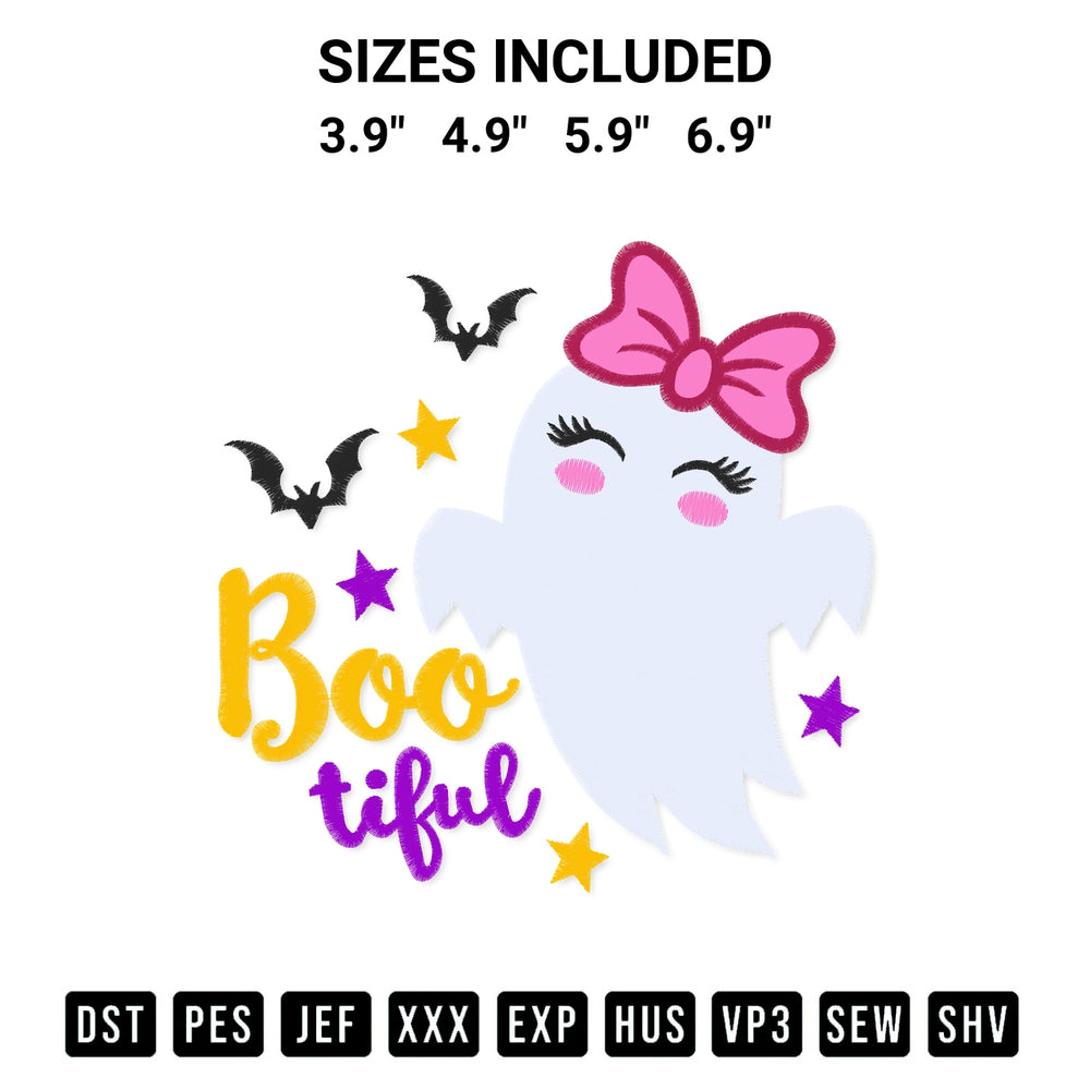 Stitch like a pro with the Bootiful Girl Ghost Halloween Embroidery Design embroidery pattern from Designspacks.com. High-quality digital machine embroidery file. Available sizes: 3.9", 4.9", 5.9", 6.9".