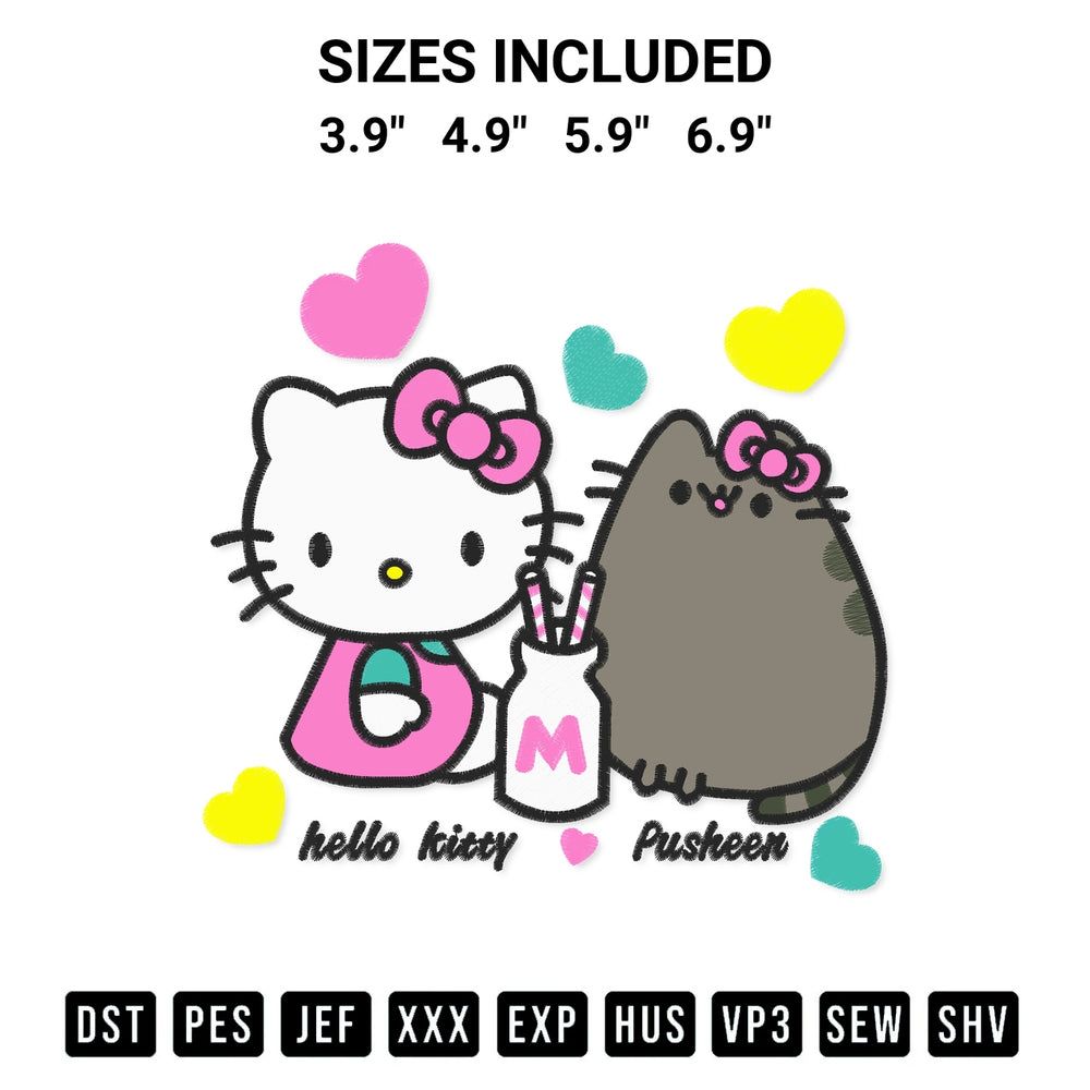 Download the Hello Kitty And Pusheen Drink Milk Embroidery Design machine embroidery design exclusively at Designspacks.com. Premium digitized pattern for apparel and DIY crafts. Available sizes: 3.9", 4.9", 5.9", 6.9".