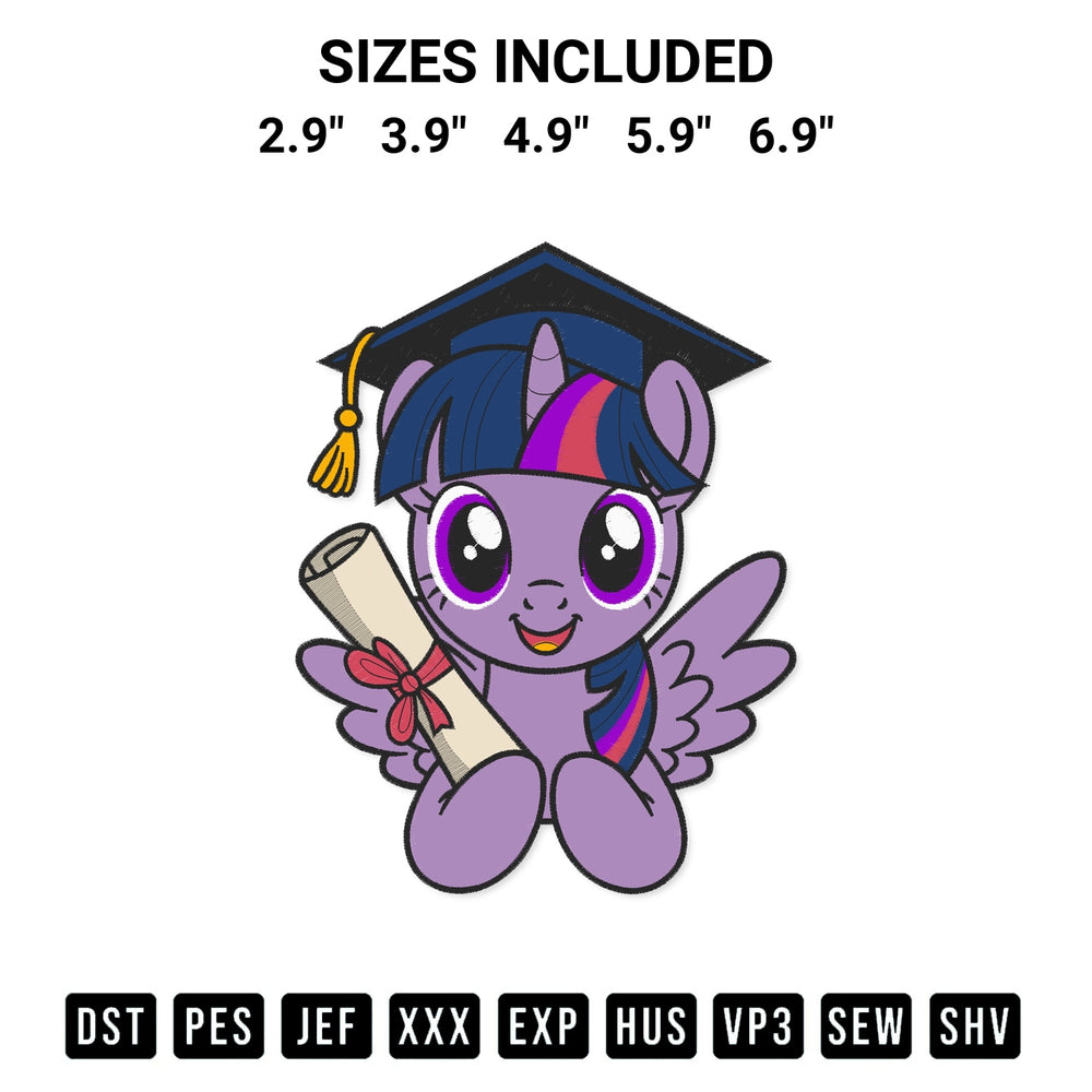 Elevate your next project with our Twilight Sparkle Graduate Embroidery Design embroidery file. Shop high-quality digital patterns instantly at Designspacks.com. Available sizes: 2.9", 3.9", 4.9", 5.9", 6.9".