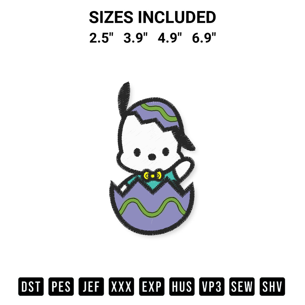 Transform your fabrics with the Cute Pochacco Easter Egg Embroidery Design embroidery design. Instant access to premium digitized patterns at Designspacks.com. Available sizes: 2.5", 3.9", 4.9", 6.9".