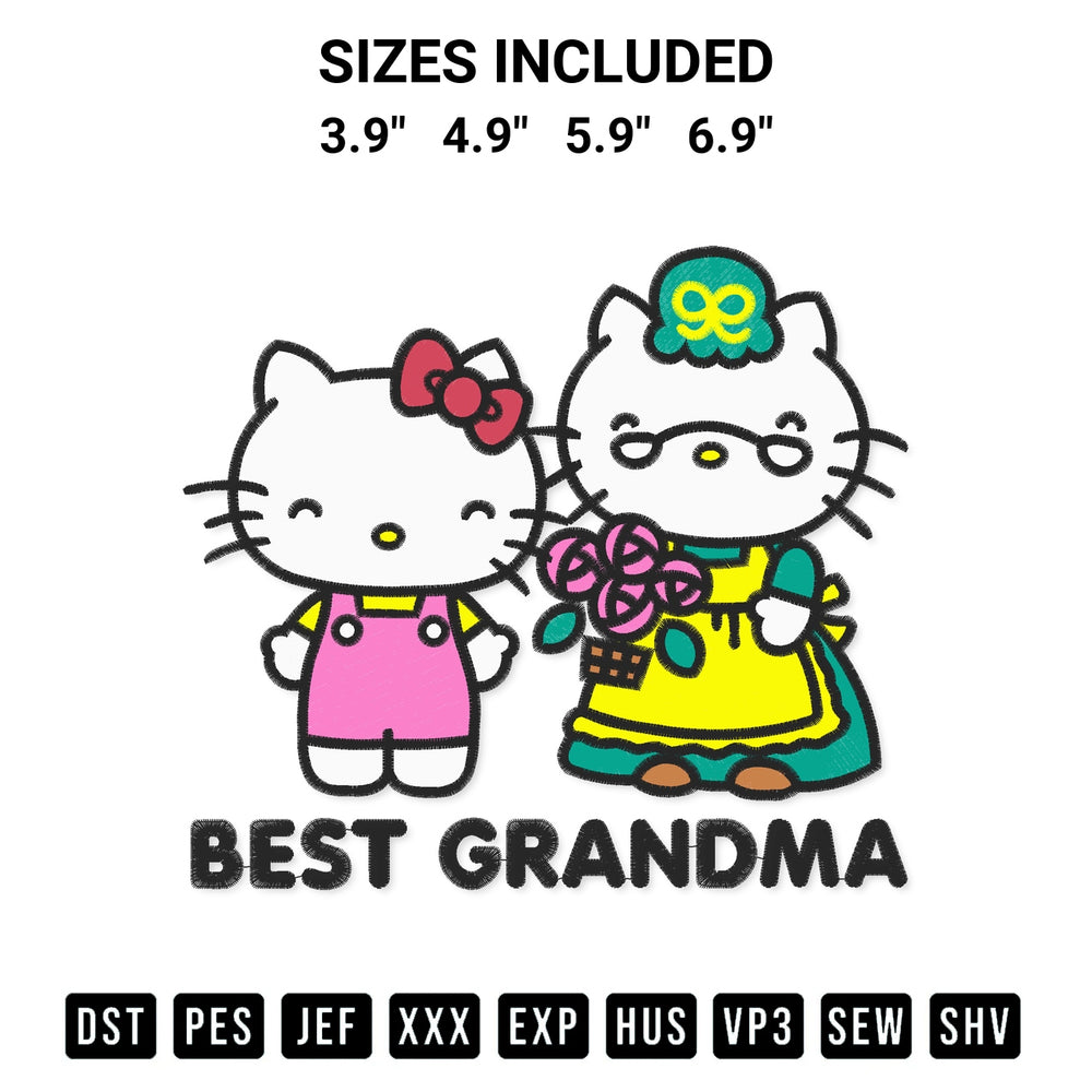 Shop the Hello Kitty Best Grandma Embroidery Design machine embroidery pattern at Designspacks.com. Beautifully digitized for flawless stitching on any fabric. Available sizes: 3.9", 4.9", 5.9", 6.9".