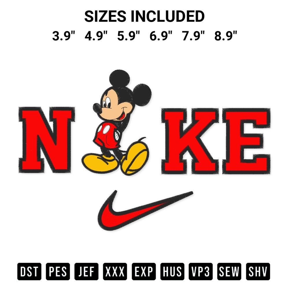 Looking for the perfect pattern? Download the Mickey Mouse Nike Swoosh Embroidery Design embroidery design today at Designspacks.com. Crisp, clean stitching guaranteed. Available sizes: 3.9", 4.9", 5.9", 6.9", 7.9", 8.9".