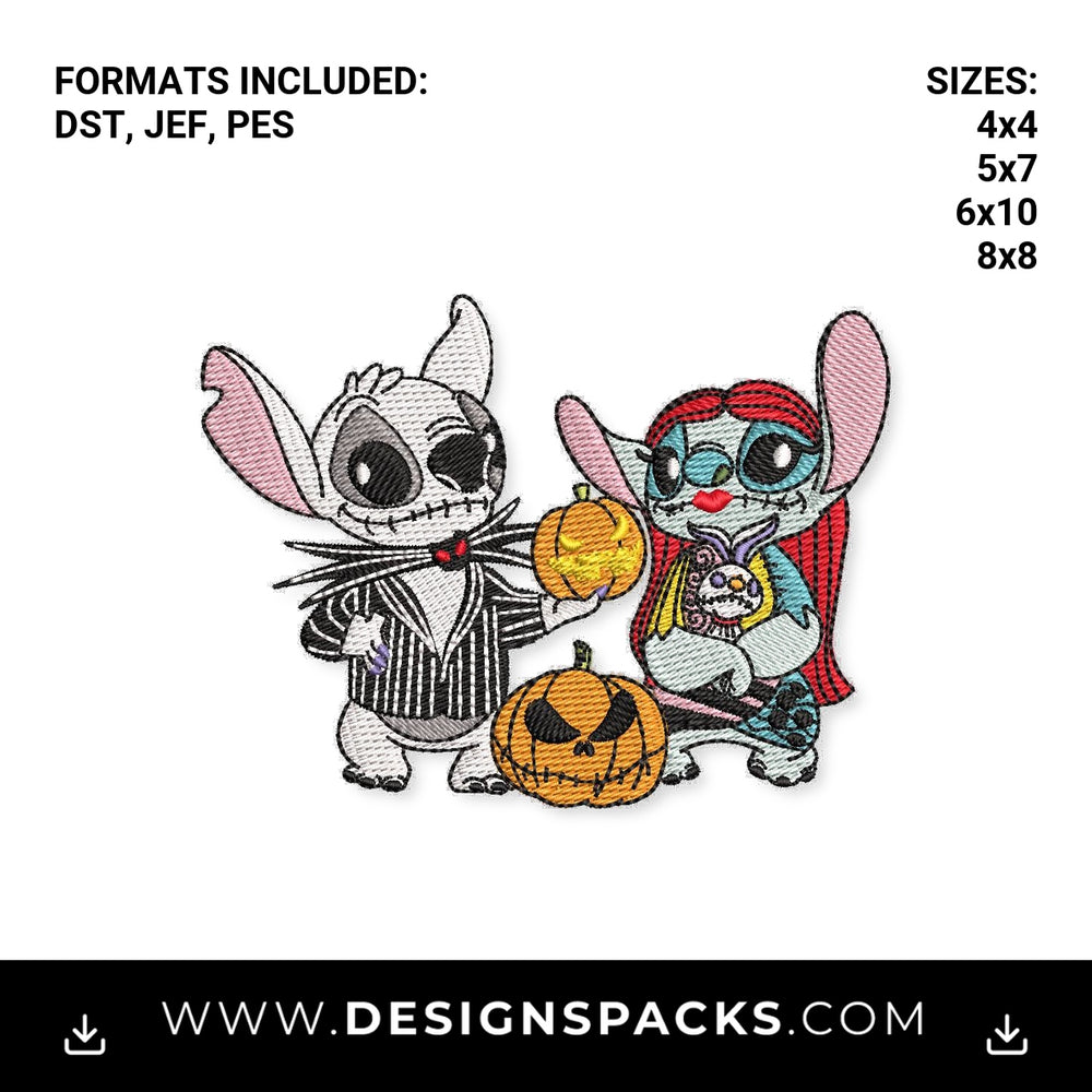 Halloween Stitch & Angel Jack Sally Embroidery Design - Instant digital download pattern at Designspacks.com