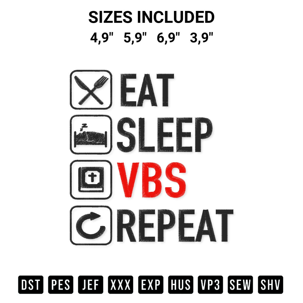 Looking for the perfect pattern? Download the Eat Sleep Vbs Repeat Vacation Bible School Jesus Christ Logo Embroidery Design embroidery design today at Designspacks.com. Crisp, clean stitching guaranteed. Available sizes: 4,9", 5,9", 6,9", 3,9".