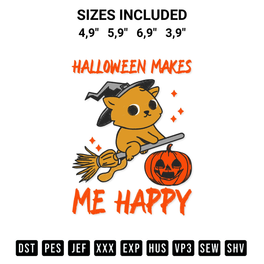 Looking for the perfect pattern? Download the Halloween Makes Me Happy Cat Witch Flying Broom Funny Logo Embroidery Design embroidery design today at Designspacks.com. Crisp, clean stitching guaranteed. Available sizes: 4,9", 5,9", 6,9", 3,9".